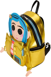 Cards & Comics Connection Coraline 15th Anniversary mini backpack featuring a metallic gold doll design with blue hair