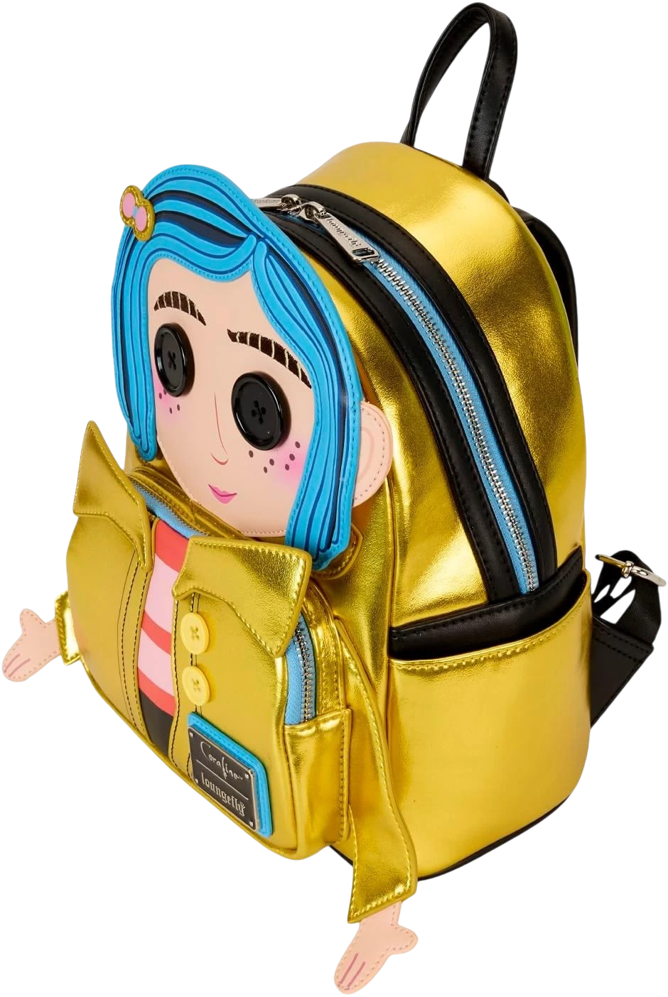 Cards & Comics Connection Coraline 15th Anniversary mini backpack featuring a metallic gold doll design with blue hair