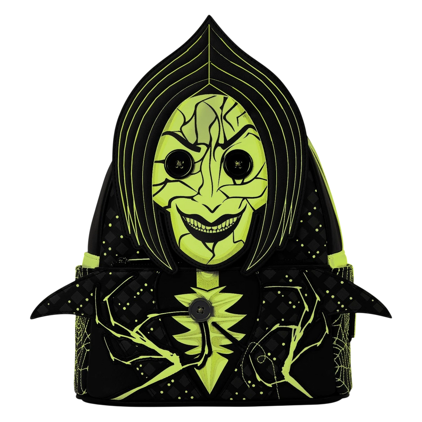 Cards & Comics Connection Coraline Other Mother glow-in-the-dark mini backpack with button eyes and spider web print.