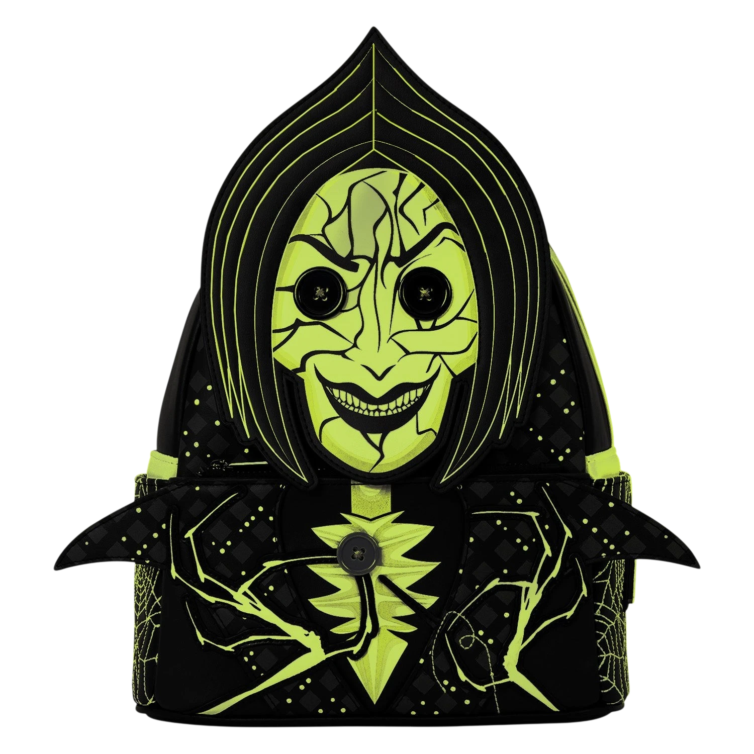 Cards & Comics Connection Coraline Other Mother glow-in-the-dark mini backpack with button eyes and spider web print.