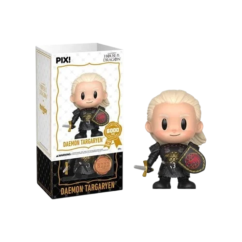 Cards & Comics Connection Daemon Targaryen PIX! collectible figure with black armor, sword, and shield in box