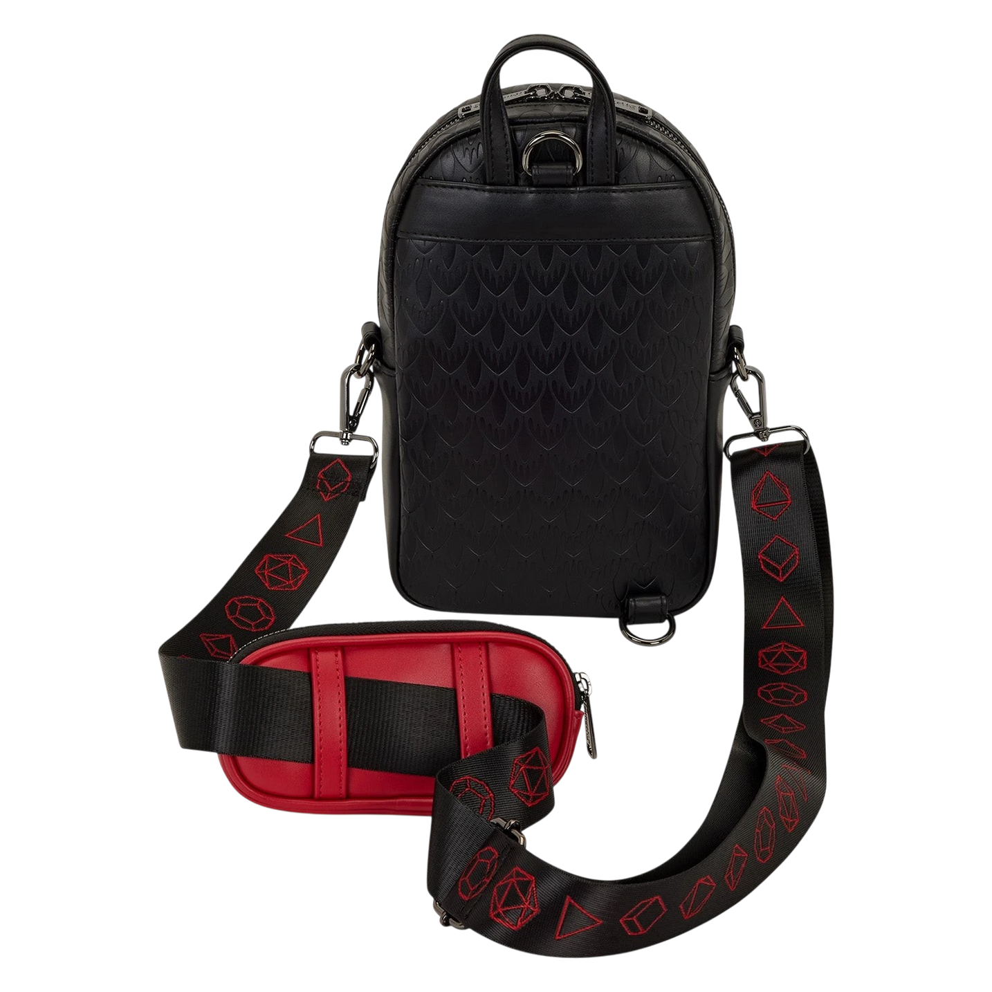 Cards & Comics Connection Dungeons & Dragons black sling bag with red coin pouch and dice-printed adjustable strap.