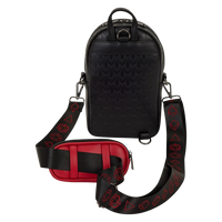 Cards & Comics Connection Dungeons & Dragons black sling bag with red coin pouch and dice-printed adjustable strap.