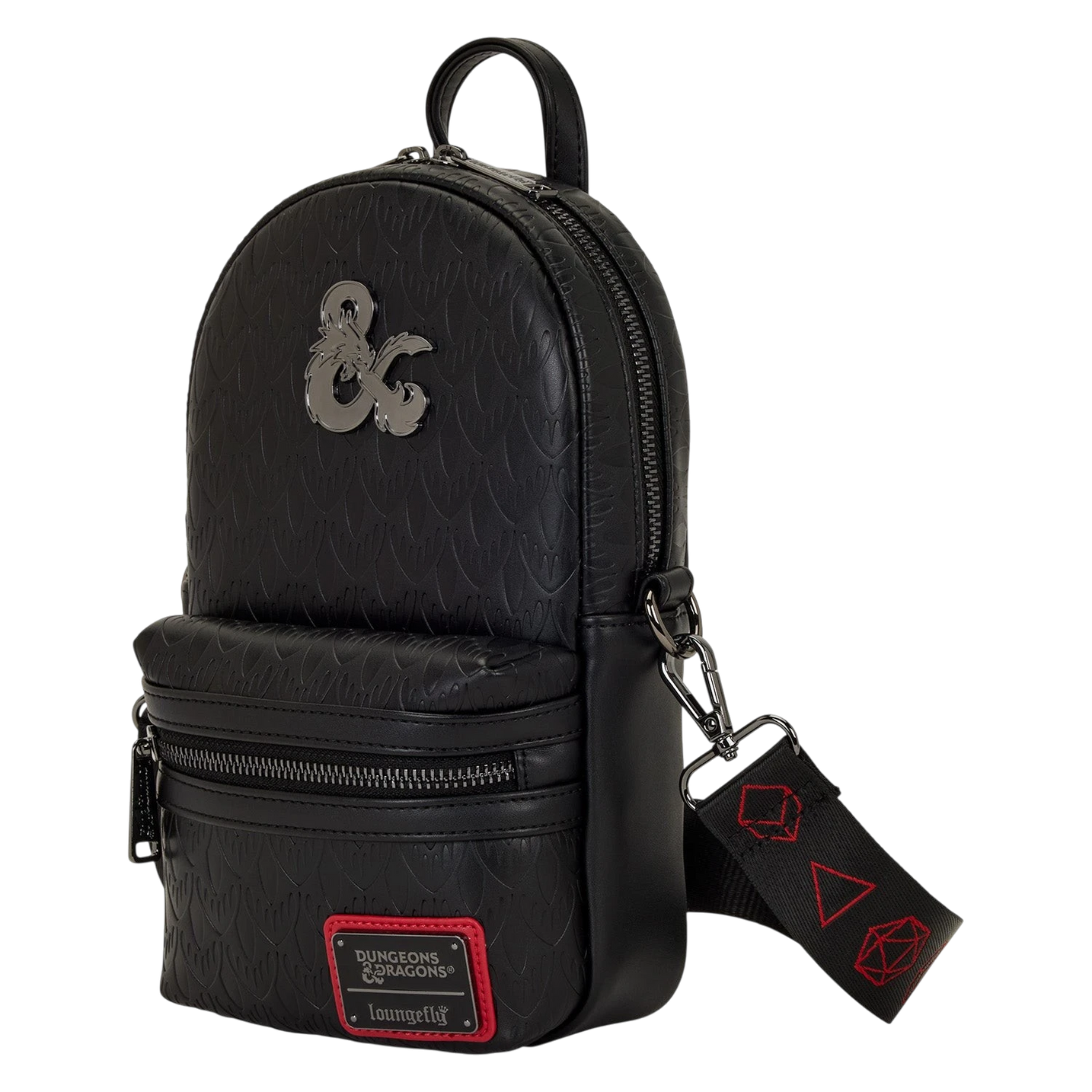 Cards & Comics Connection Dungeons & Dragons black polyurethane sling bag with metal logo and dice strap details