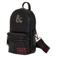 Cards & Comics Connection Dungeons & Dragons black polyurethane sling bag with metal logo and dice strap details