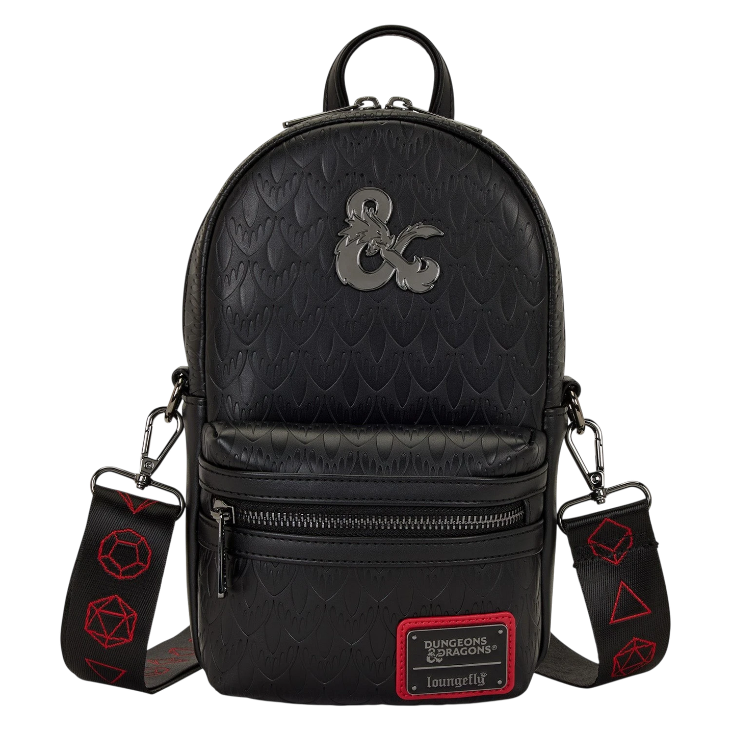 Cards & Comics Connection Dungeons & Dragons black polyurethane sling bag with metal logo and dice print strap