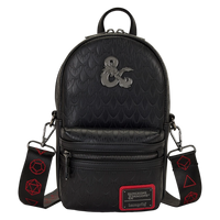 Cards & Comics Connection Dungeons & Dragons black polyurethane sling bag with metal logo and dice print strap