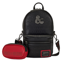 Cards & Comics Connection Dungeons & Dragons black sling bag with red Pouch of Holding coin purse and metal logo.