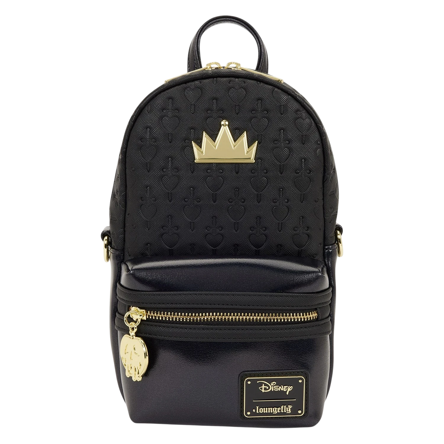 Cards & Comics Connection Loungefly Disney Evil Queen black sling bag with gold crown charm and poison apple zipper