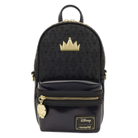 Cards & Comics Connection Loungefly Disney Evil Queen black sling bag with gold crown charm and poison apple zipper