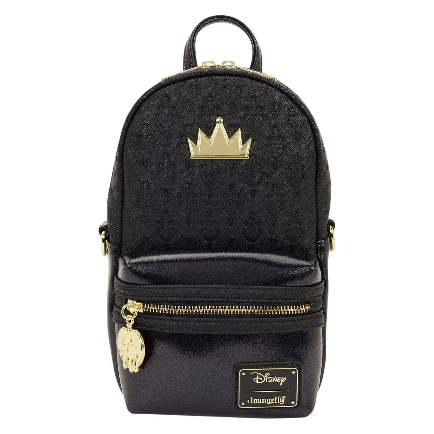 Cards & Comics Connection Loungefly Disney Evil Queen black sling bag with gold crown charm and poison apple zipper