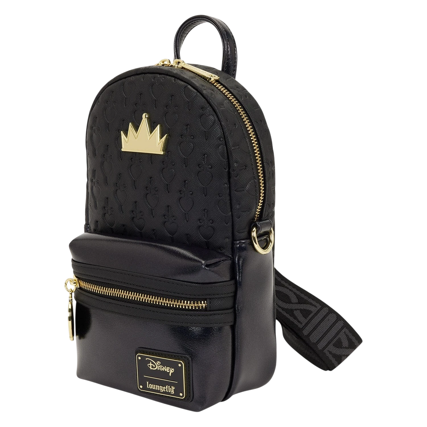 Cards & Comics Connection Loungefly Disney Evil Queen sling bag in black with gold crown charm and heart pattern
