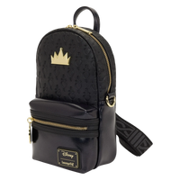 Cards & Comics Connection Loungefly Disney Evil Queen sling bag in black with gold crown charm and heart pattern