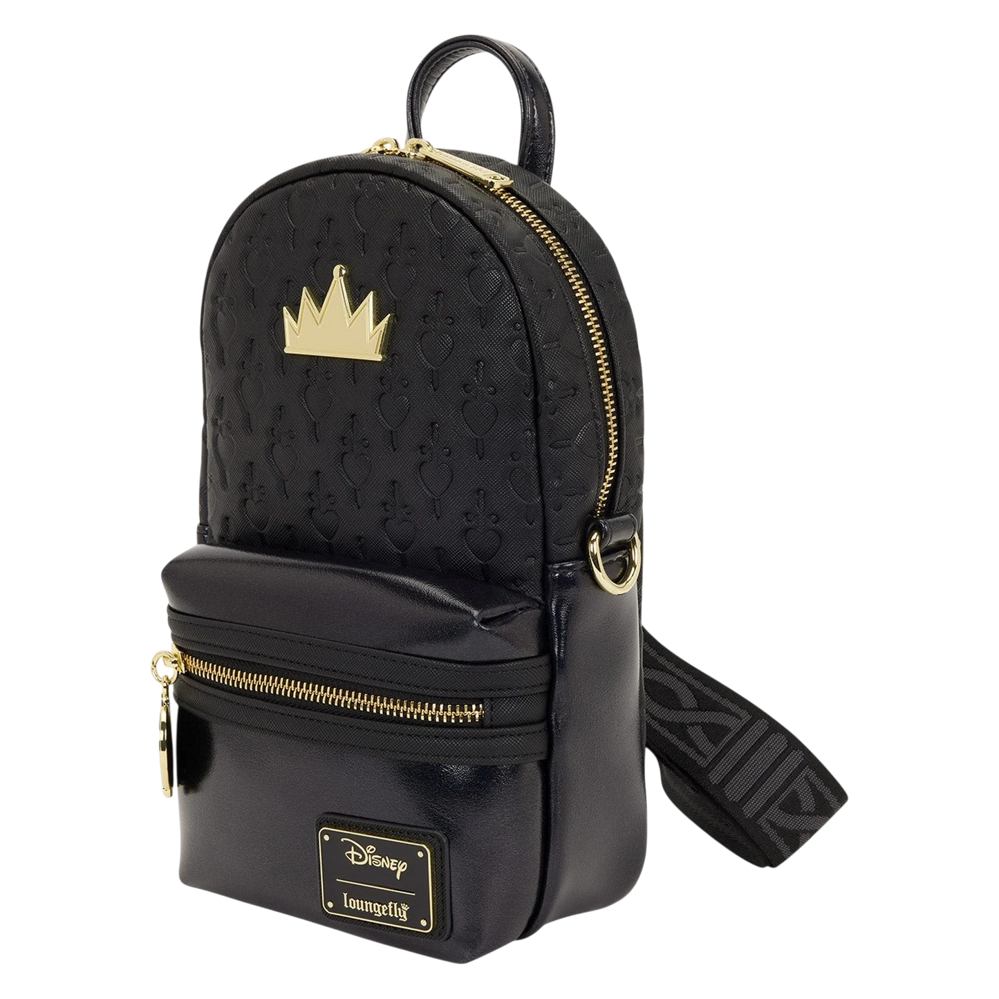 Cards & Comics Connection Loungefly Disney Evil Queen sling bag in black with gold crown charm and heart pattern