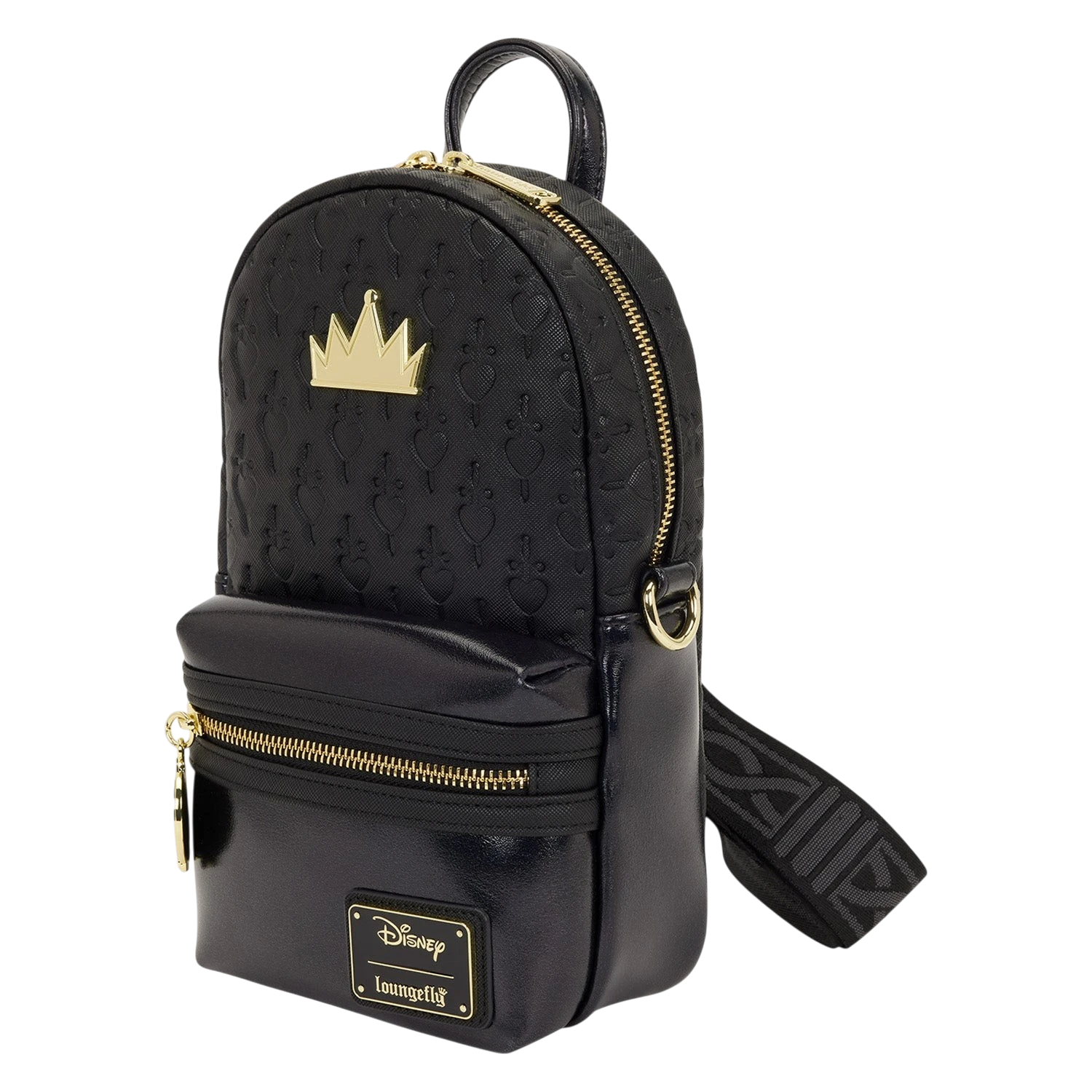 Cards & Comics Connection Loungefly Disney Evil Queen sling bag in black with gold crown charm and heart pattern