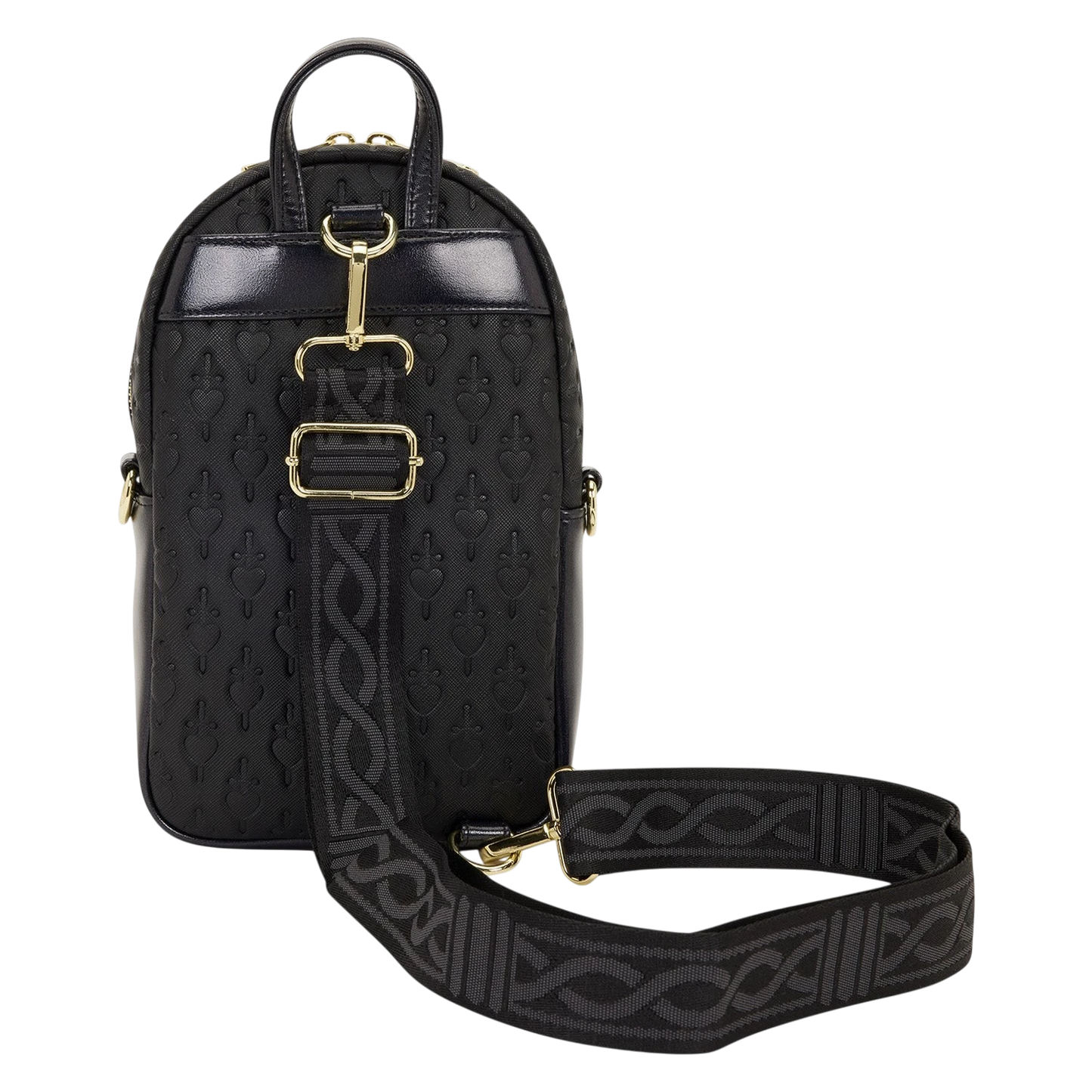 Cards & Comics Connection Loungefly Disney Evil Queen black sling crossbody bag with debossed heart and sword pattern