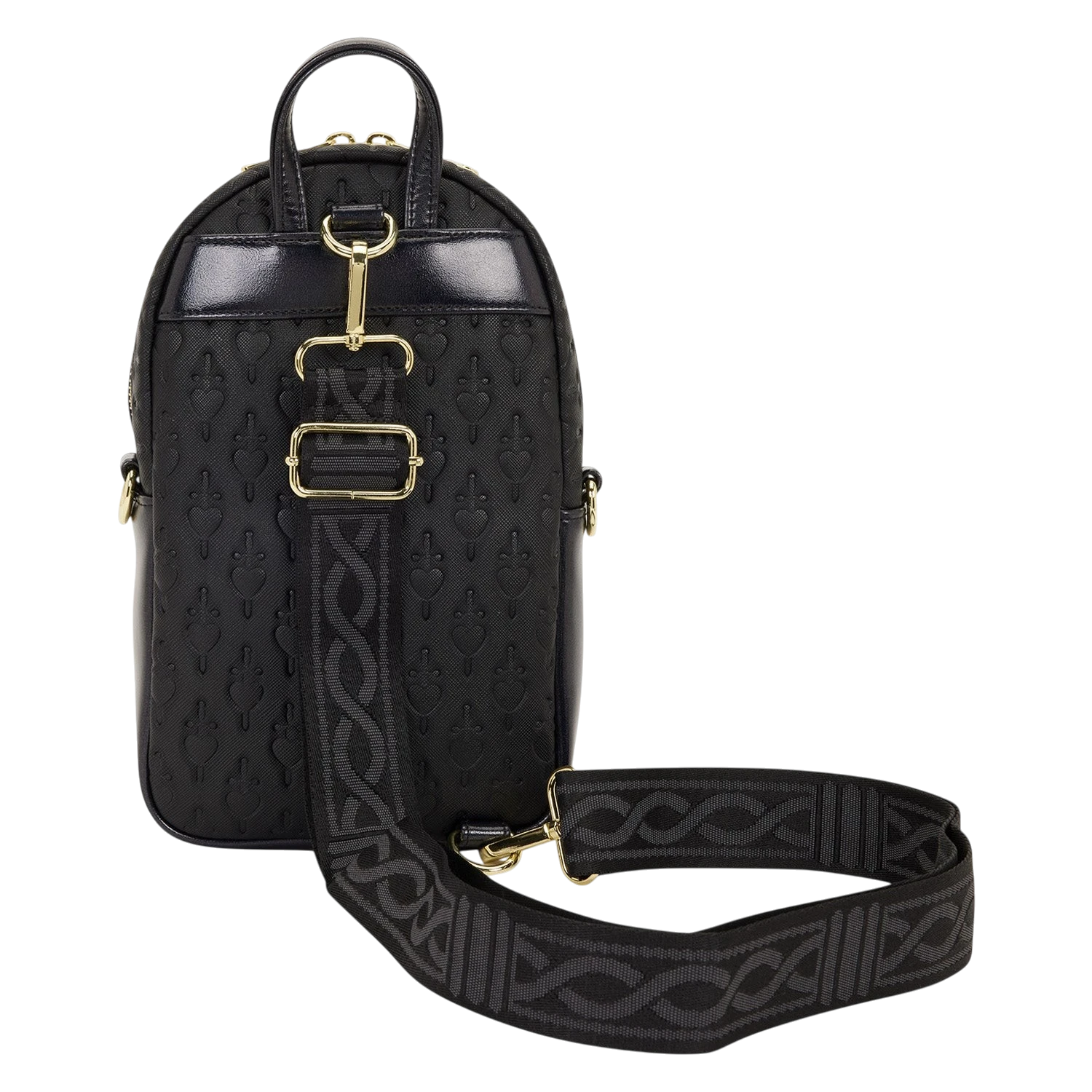 Cards & Comics Connection Loungefly Disney Evil Queen black sling crossbody bag with debossed heart and sword pattern