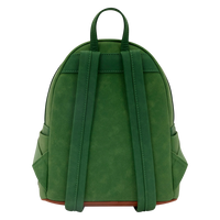 Back view of Cards & Comics Connection Frodo mini backpack in distressed green polyurethane with adjustable straps