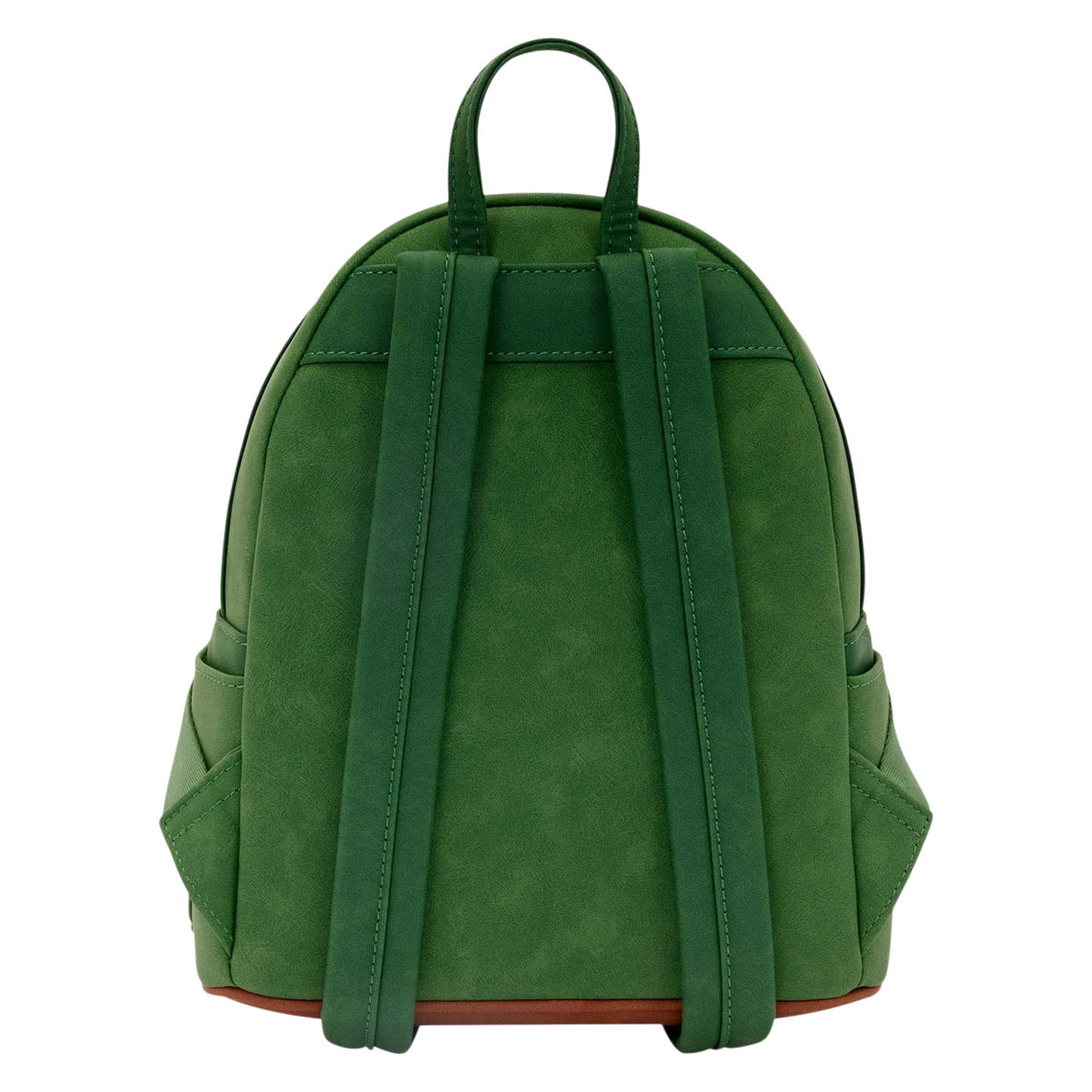 Back view of Cards & Comics Connection Frodo mini backpack in distressed green polyurethane with adjustable straps
