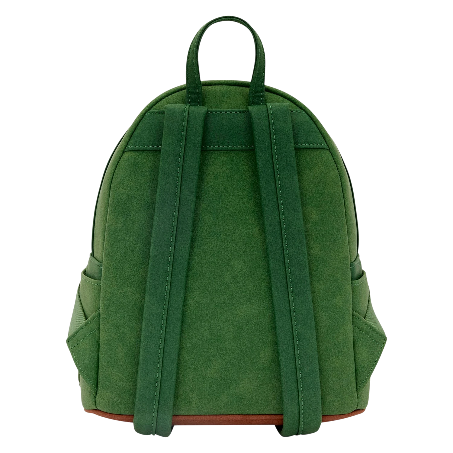 Back view of Cards & Comics Connection Frodo mini backpack in distressed green polyurethane with adjustable straps