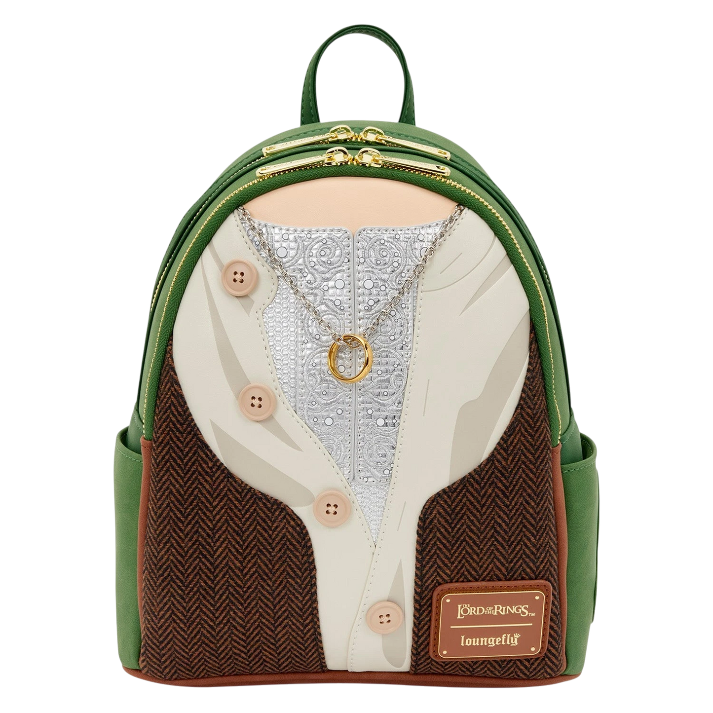 Cards & Comics Connection Frodo Baggins mini backpack featuring metallic, tweed, and debossed Lord of the Rings details