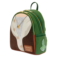 Cards & Comics Connection Frodo mini backpack featuring metallic tweed, applique details, and an engraved ring charm.