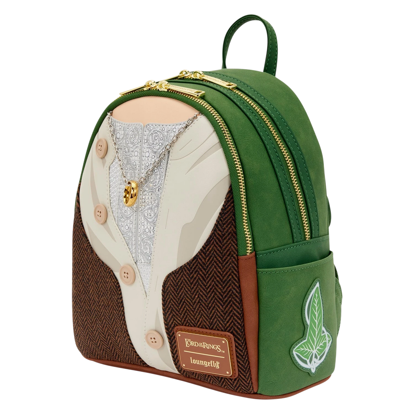 Cards & Comics Connection Frodo mini backpack featuring metallic tweed, applique details, and an engraved ring charm.