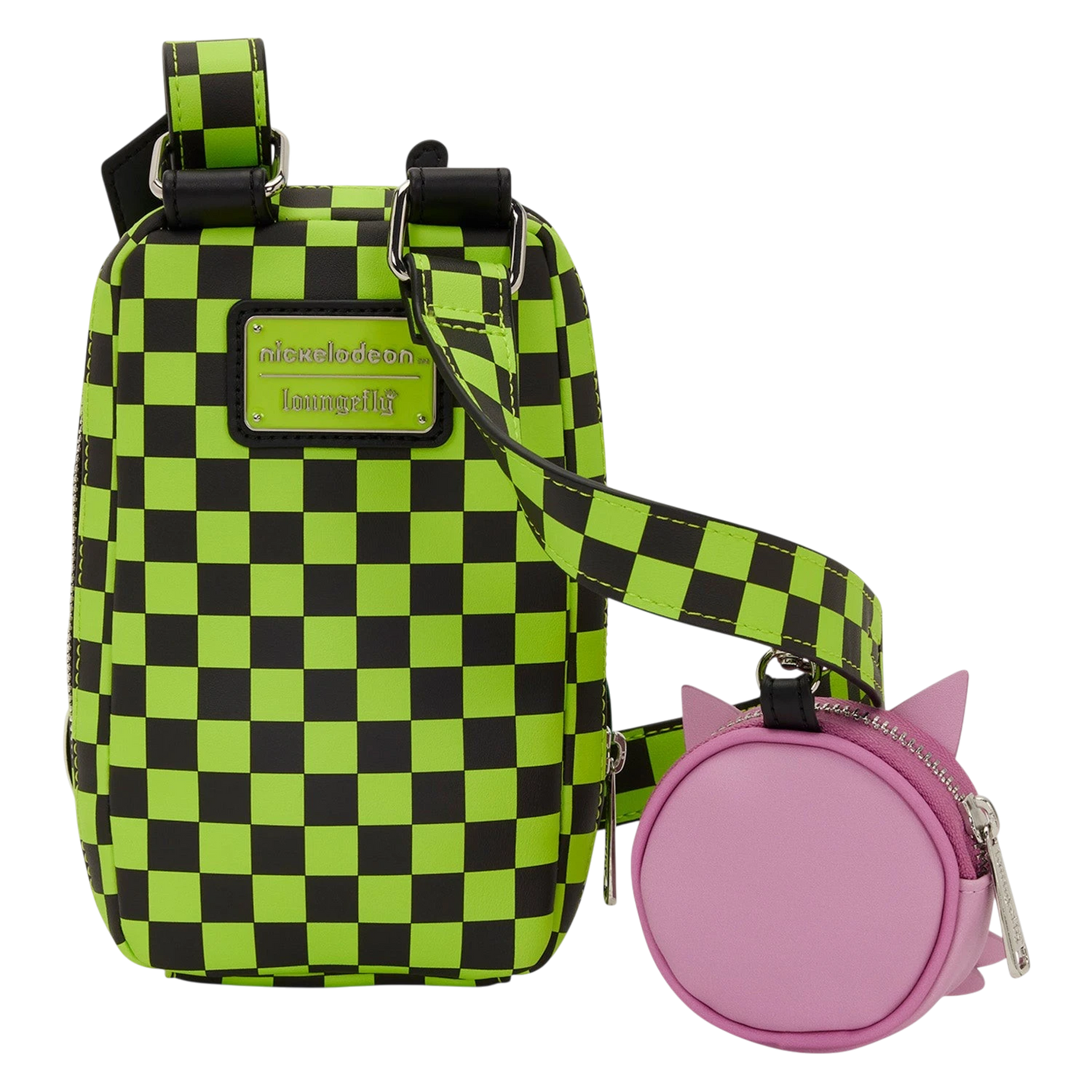 Cards & Comics Connection Loungefly Invader Zim Gir crossbody bag with green and black checkerboard pattern and pig coin