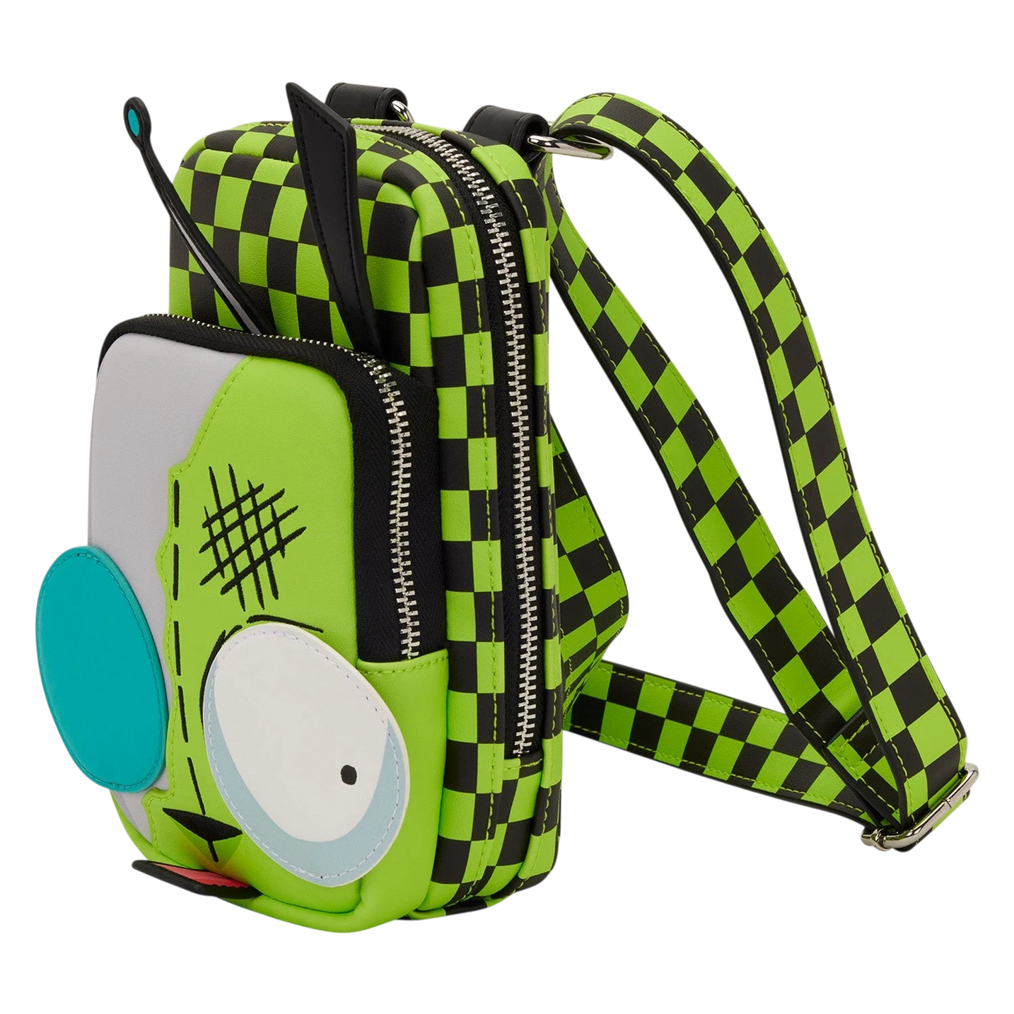 Cards & Comics Connection Loungefly Invader Zim Gir crossbody bag with green and black checkered pattern and pig coin bag