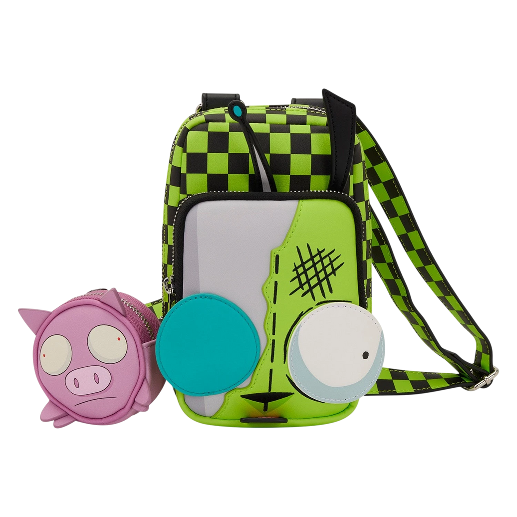 Cards & Comics Connection Loungefly Invader Zim Gir crossbody bag with green and black checkered pattern and pig coin bag
