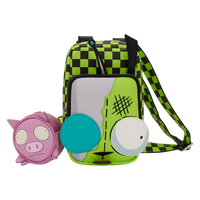 Cards & Comics Connection Loungefly Invader Zim Gir crossbody bag with green and black checkered pattern and pig coin bag
