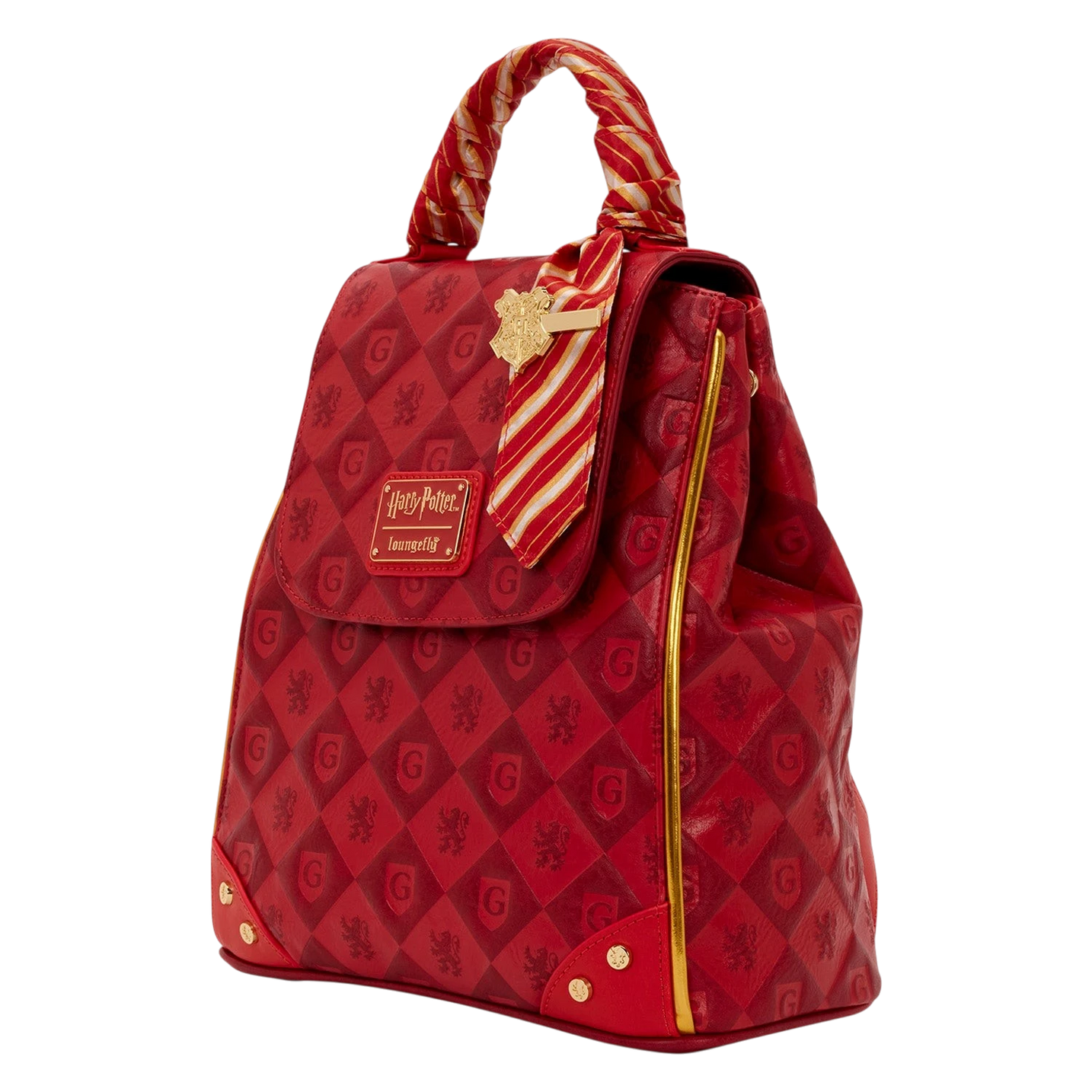 Cards & Comics Connection red Gryffindor mini backpack with lion pattern, satin tie handle, and Hogwarts crest charm.