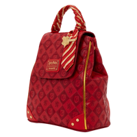 Cards & Comics Connection red Gryffindor mini backpack with lion pattern, satin tie handle, and Hogwarts crest charm.
