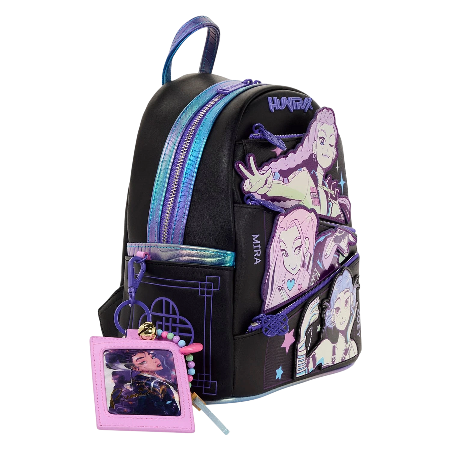 Cards & Comics Connection KPop Demon Hunters HUNTR/X mini backpack with iridescent character appliques and charms