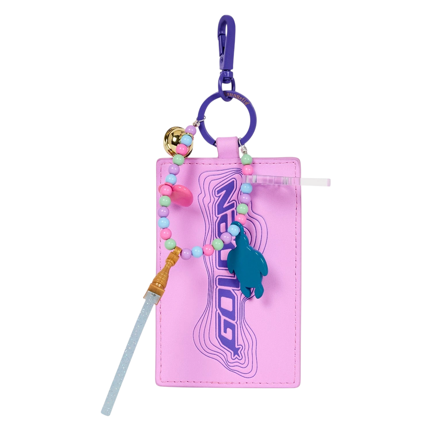 Cards & Comics Connection HUNTR/X photo card charm with pastel beads, heart, bell, and turtle charms on purple holder