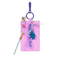 Cards & Comics Connection HUNTR/X photo card charm with pastel beads, heart, bell, and turtle charms on purple holder