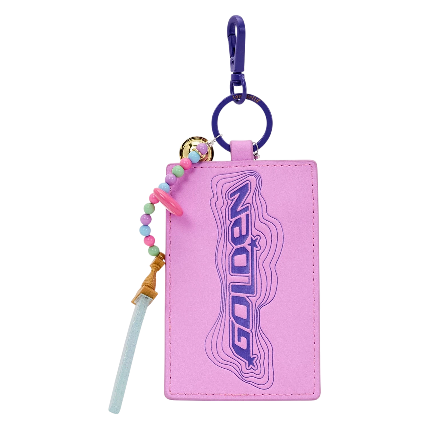 Cards & Comics Connection HUNTR/X photo card holder in pink with purple Golden logo and colorful beaded charm