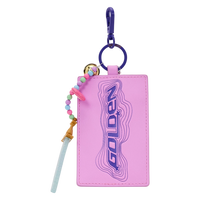 Cards & Comics Connection HUNTR/X photo card holder in pink with purple Golden logo and colorful beaded charm
