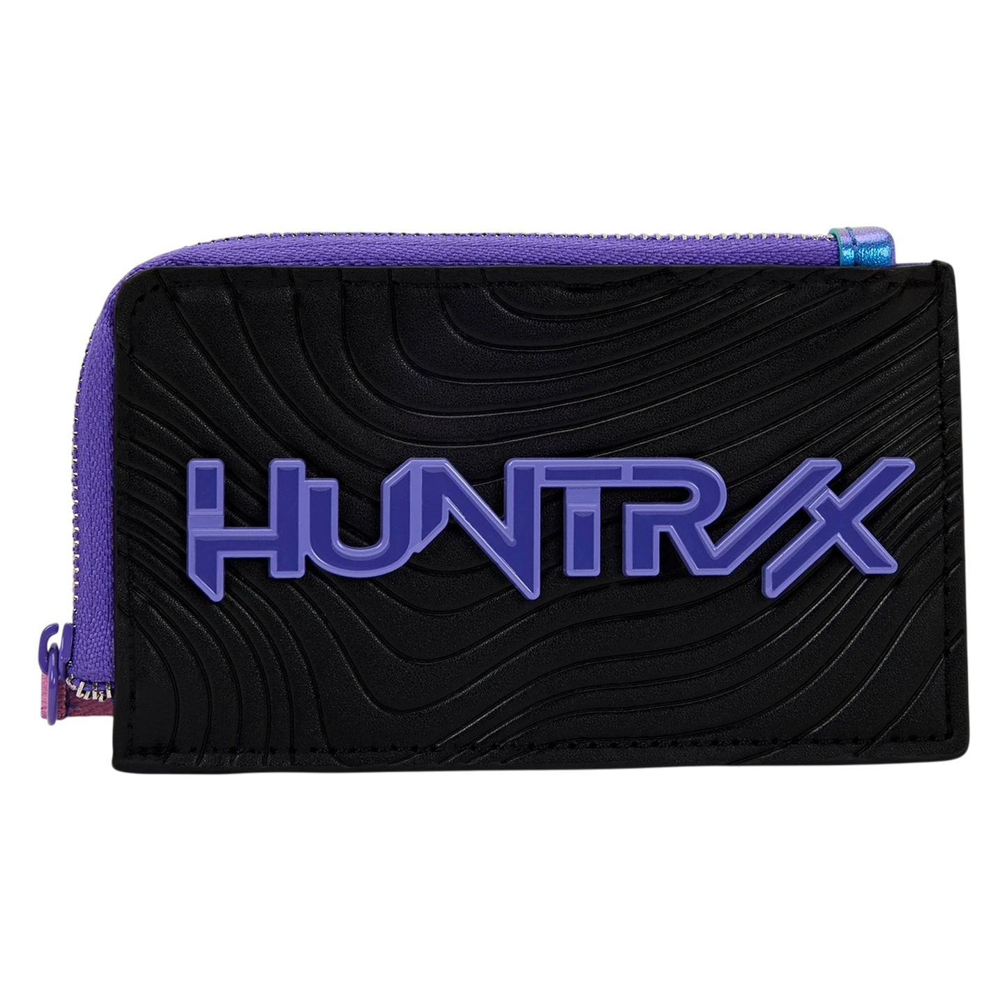 Cards & Comics Connection HUNTR/X card holder in black polyurethane with purple logo and zippered compartment
