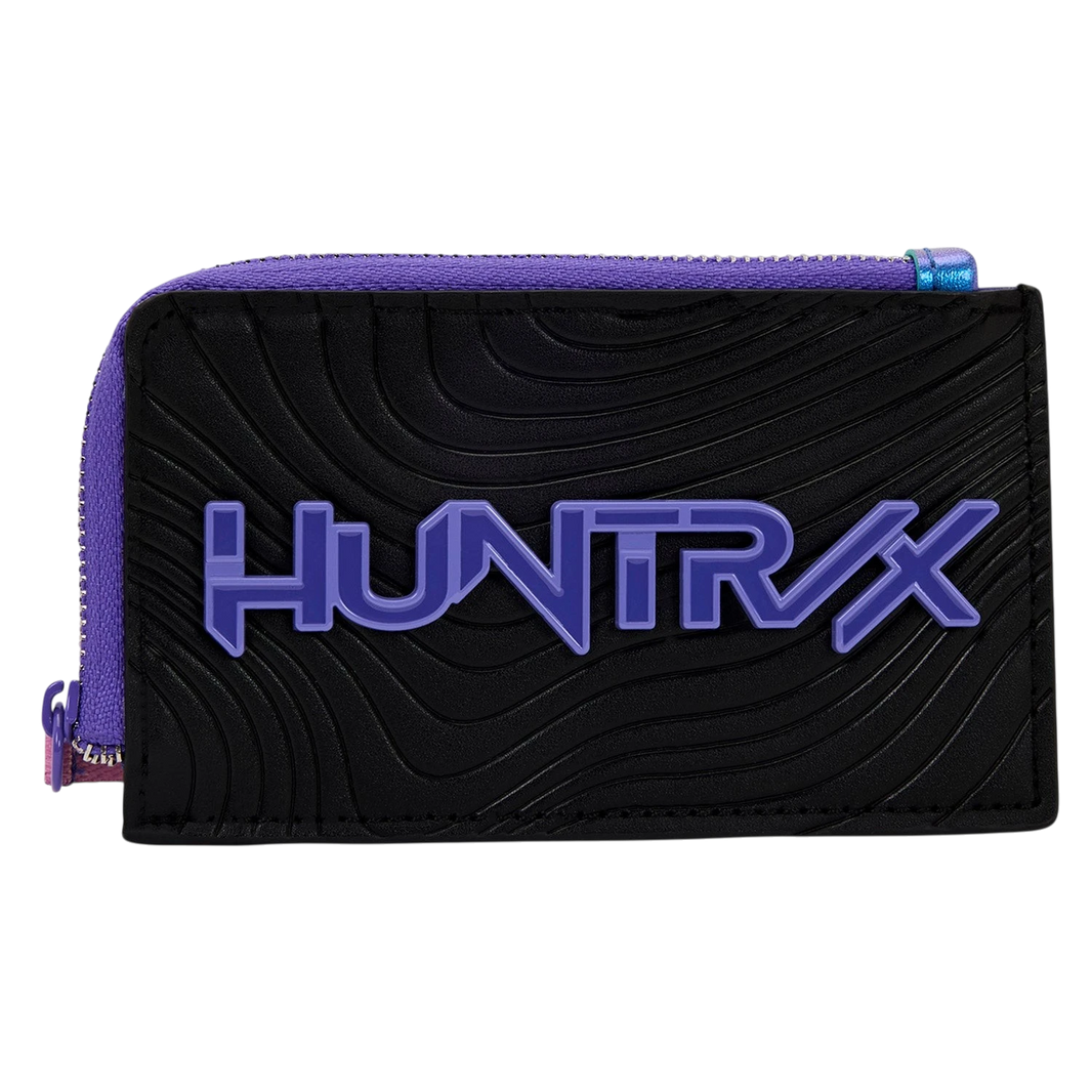 Cards & Comics Connection HUNTR/X card holder in black polyurethane with purple logo and zippered compartment
