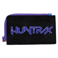 Cards & Comics Connection HUNTR/X card holder in black polyurethane with purple logo and zippered compartment