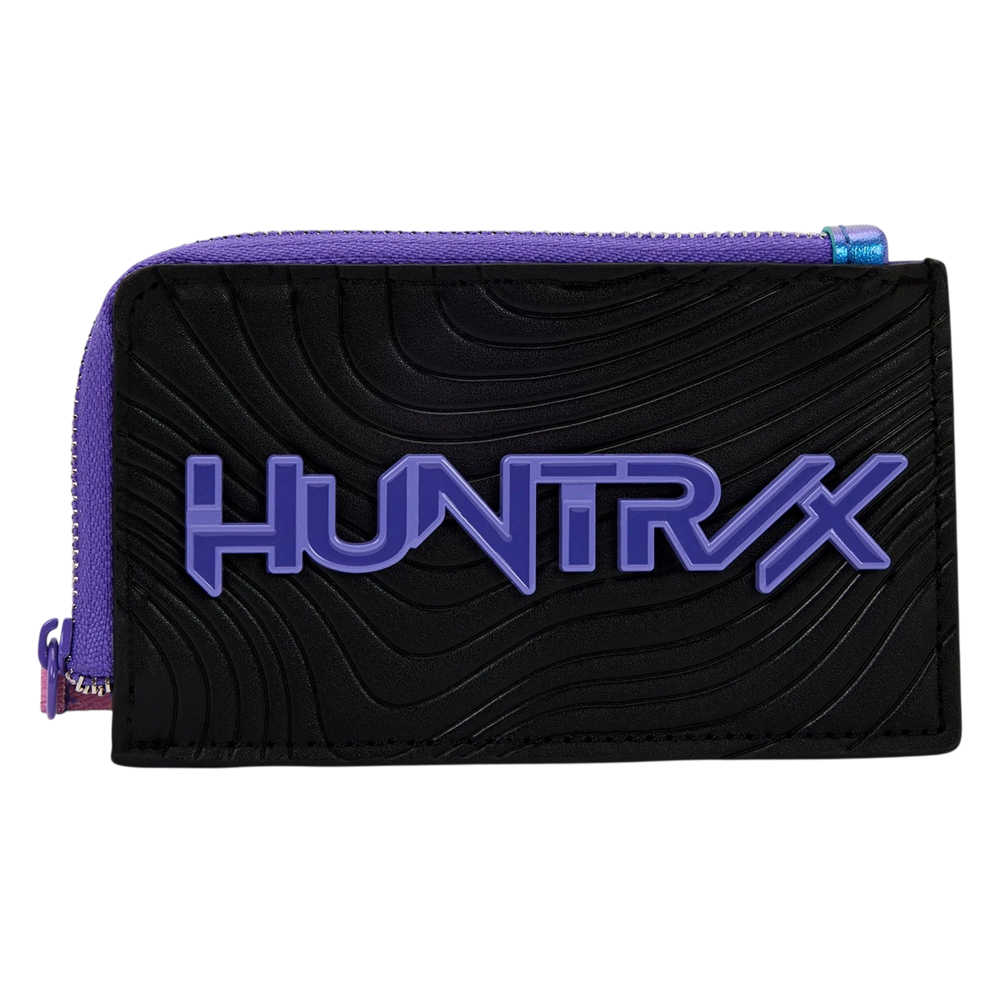 Cards & Comics Connection HUNTR/X card holder in black polyurethane with purple logo and zippered compartment