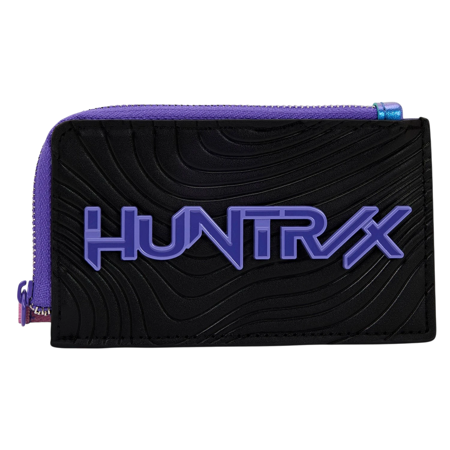 Cards & Comics Connection HUNTR/X card holder in black polyurethane with purple logo and zippered compartment