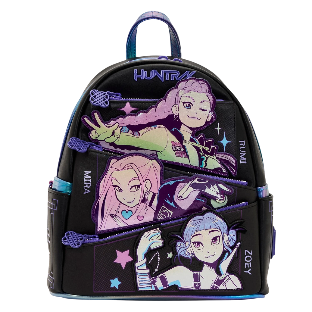 Cards & Comics Connection HUNTR/X mini backpack featuring iridescent appliques of Rumi, Mira, and Zoey on black faux leather.