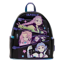 Cards & Comics Connection HUNTR/X mini backpack featuring iridescent appliques of Rumi, Mira, and Zoey on black faux leather.