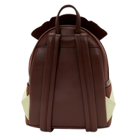 Back view of Cards & Comics Connection Disney Jack Sparrow mini backpack in brown textured polyurethane with straps.