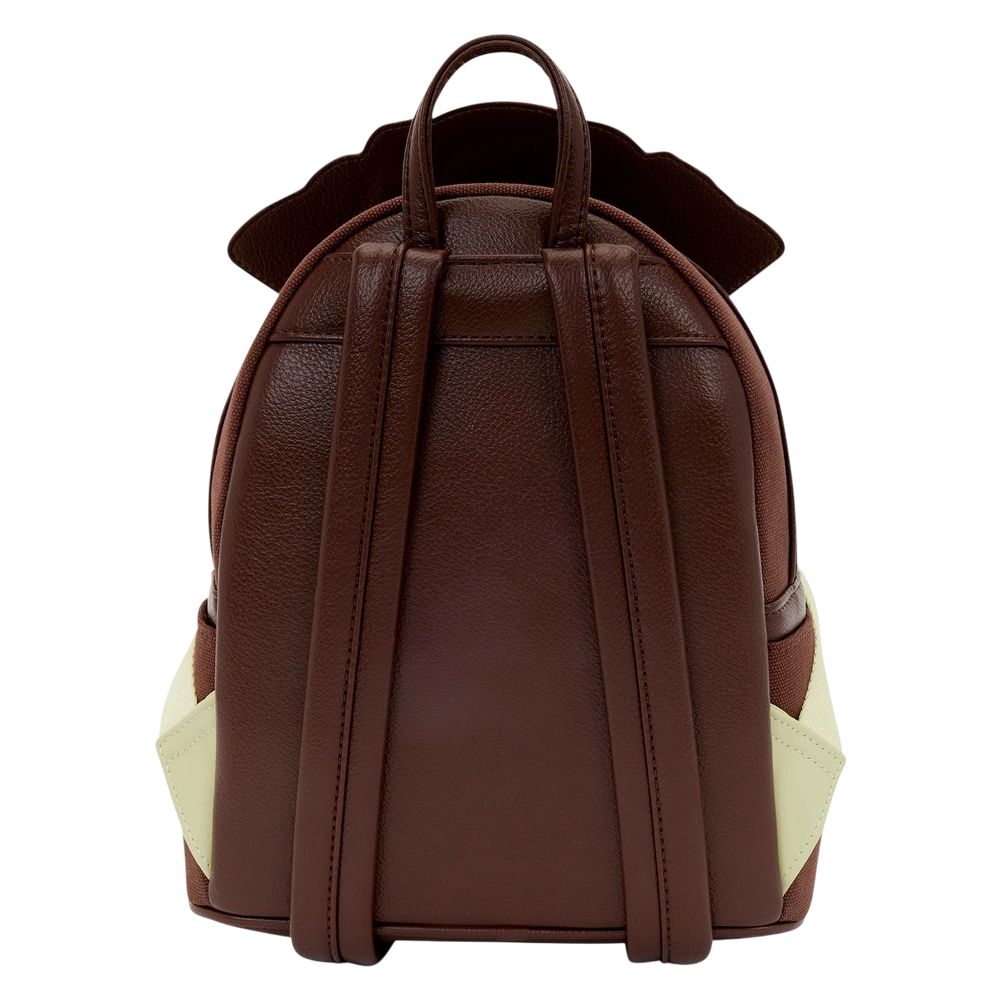 Back view of Cards & Comics Connection Disney Jack Sparrow mini backpack in brown textured polyurethane with straps.