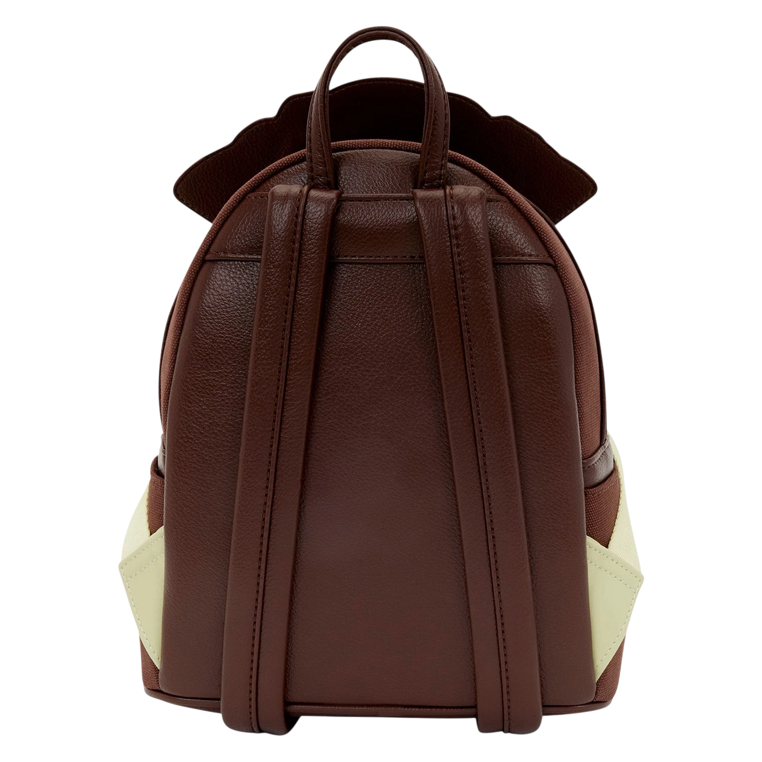 Back view of Cards & Comics Connection Disney Jack Sparrow mini backpack in brown textured polyurethane with straps.