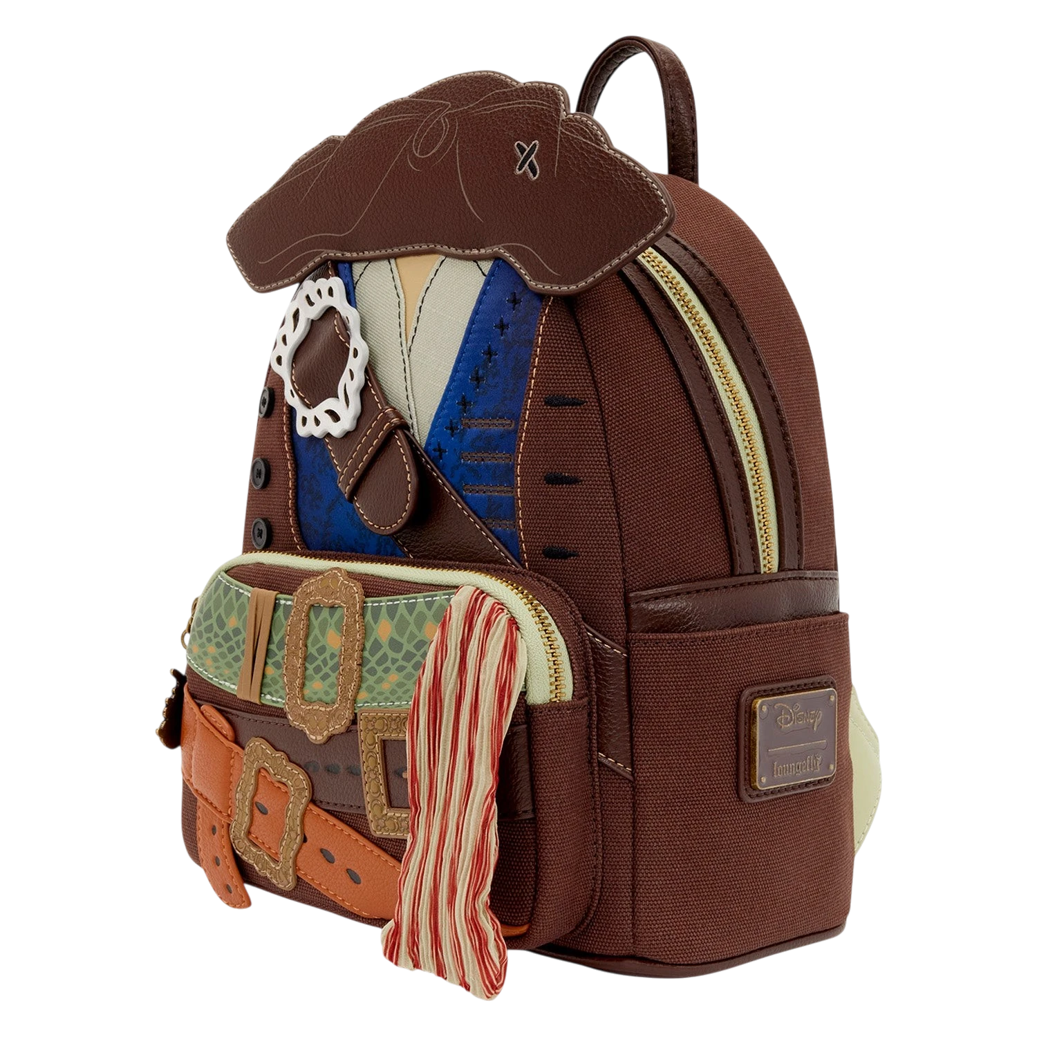 Cards & Comics Connection Disney Jack Sparrow cosplay mini backpack with pirate hat top, textured fabric, and buckles.