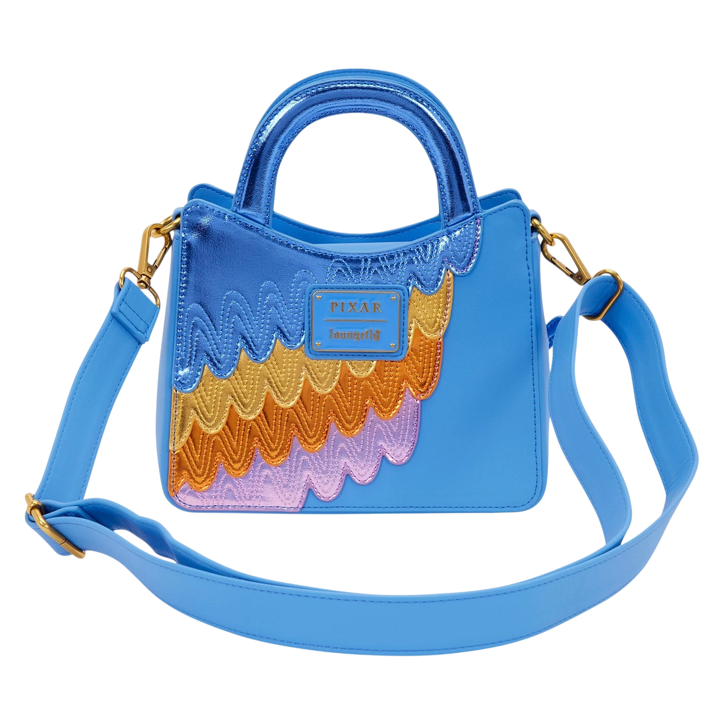 Cards & Comics Connection Disney Pixar Up Kevin crossbody bag in blue metallic polyurethane with colorful feather detail